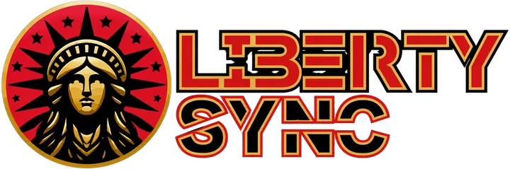 Liberty Sync Holdings のロゴ。金の縁取りの円形エンブレムに自由の女神の顔、右に LIBERTY SYNC の文字。